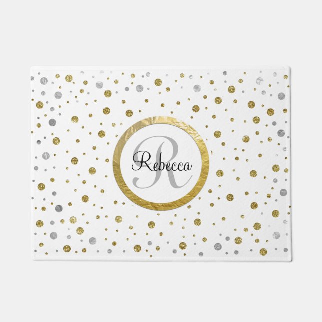 Monogram Gold Leaf Print Silver Confetti Doormat (Front)