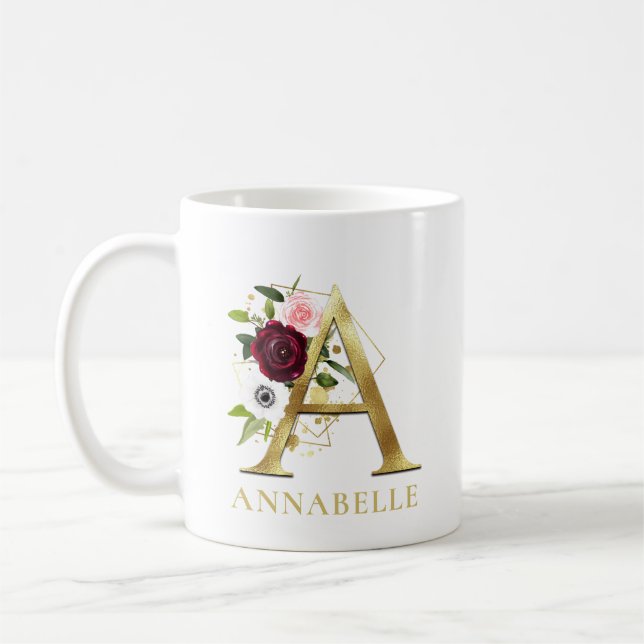 Monogram Gold Letter A | Floral Pink Burgundy Name Coffee Mug (Left)