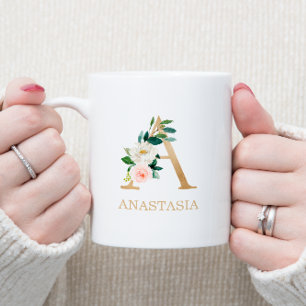 Monogram Gold Letter A   Floral Pink White Green Coffee Mug