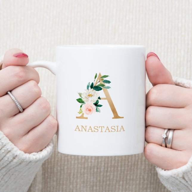 Monogram Gold Letter A | Floral Pink White Green Coffee Mug (Creator Uploaded)