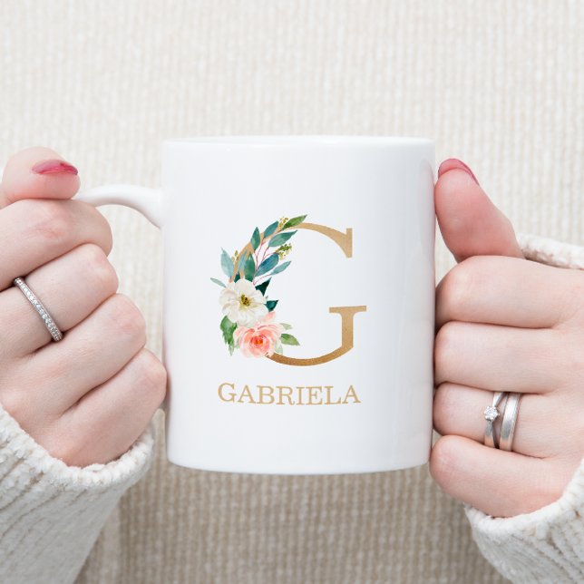 Monogram Gold Letter G | Floral Pink White Green Coffee Mug (Creator Uploaded)