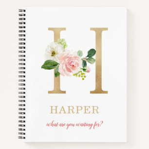 Monogram Gold Letter H Floral Motto or quote Notebook