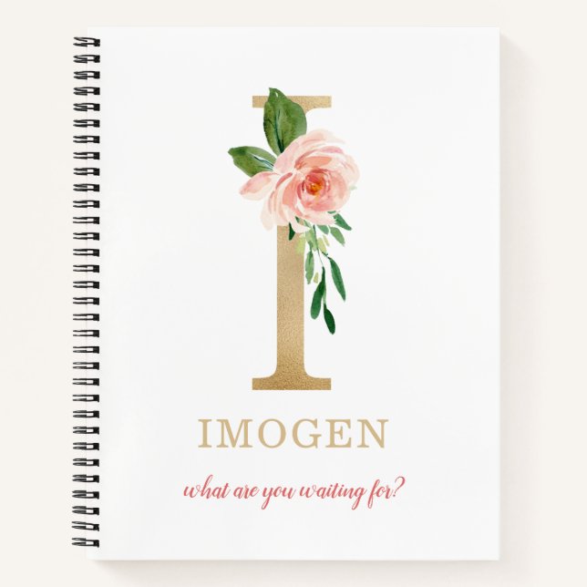 Monogram Gold Letter I | Floral Motto or quote Notebook (Front)