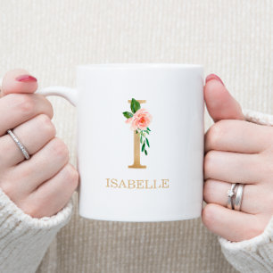 Monogram Gold Letter I   Floral Pink White Green Coffee Mug