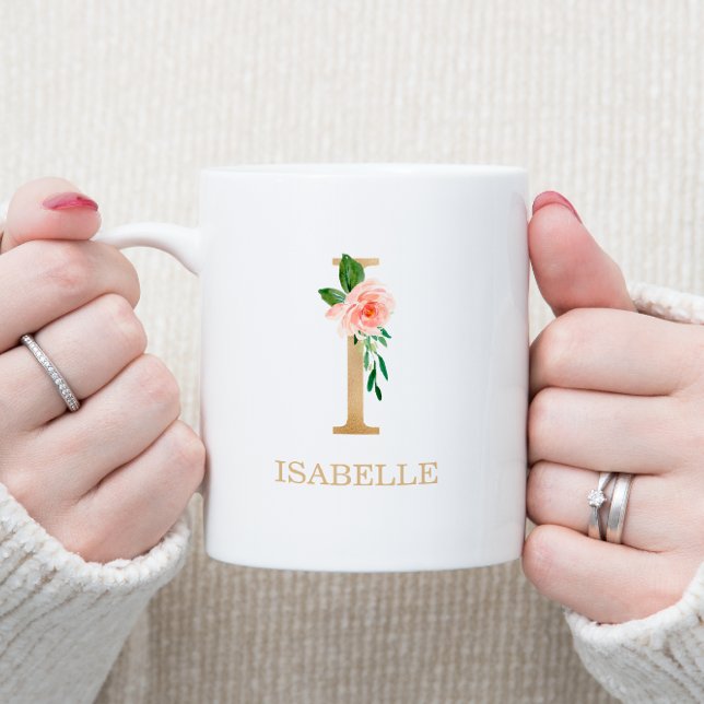 Monogram Gold Letter I | Floral Pink White Green Coffee Mug (Creator Uploaded)