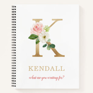 Monogram Gold Letter K Floral Motto or quote Notebook