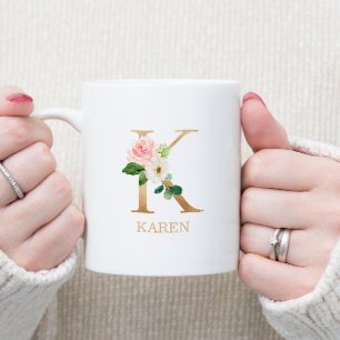 Monogram Gold Letter K   Floral Pink White Green Coffee Mug