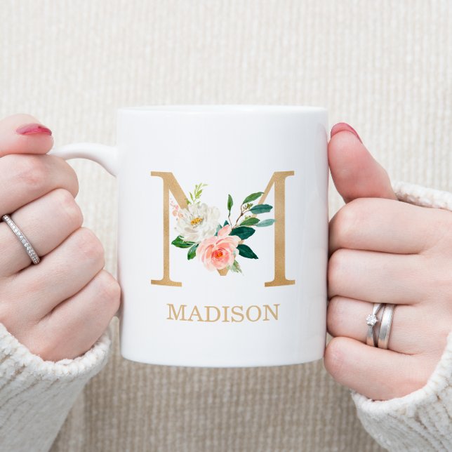 Monogram Gold Letter M | Floral Pink White Green Coffee Mug (Creator Uploaded)