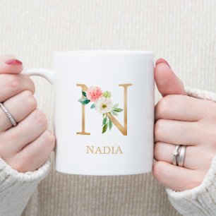 Monogram Gold Letter N   Floral Pink White Green Coffee Mug