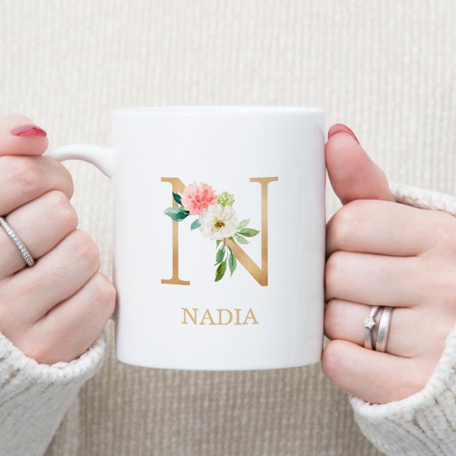 Monogram Gold Letter N | Floral Pink White Green Coffee Mug (Creator Uploaded)