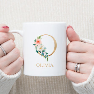 Monogram Gold Letter O   Floral Pink White Green Coffee Mug