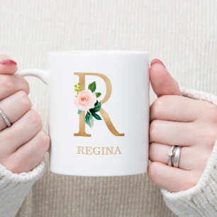Monogram Gold Letter R   Floral Pink White Green Coffee Mug
