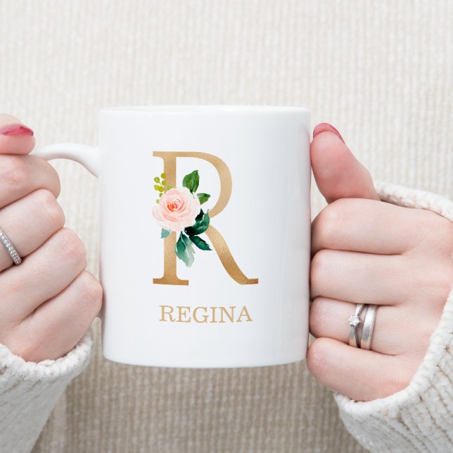 Monogram Gold Letter R | Floral Pink White Green Coffee Mug (Creator Uploaded)