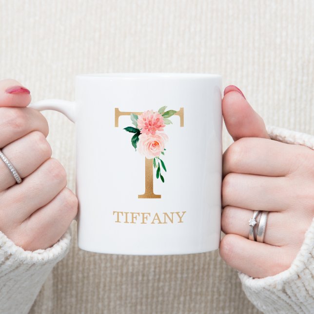 Monogram Gold Letter T | Floral Pink White Green Coffee Mug (Creator Uploaded)