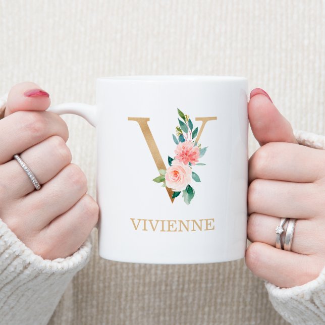 Monogram Gold Letter V | Floral Pink White Green Coffee Mug (Creator Uploaded)