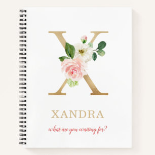 Monogram Gold Letter X Floral Motto or quote Notebook