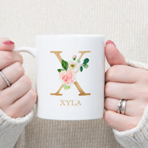 Monogram Gold Letter X   Floral Pink White Green Coffee Mug