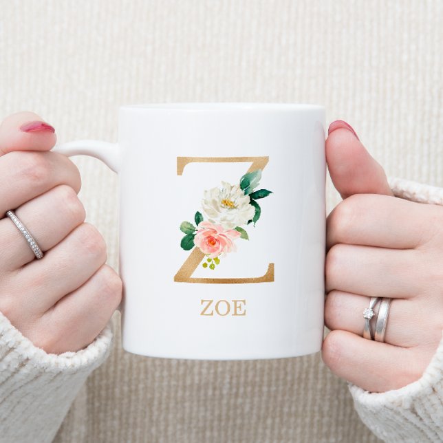 Monogram Gold Letter Z | Floral Pink White Green Coffee Mug (Creator Uploaded)