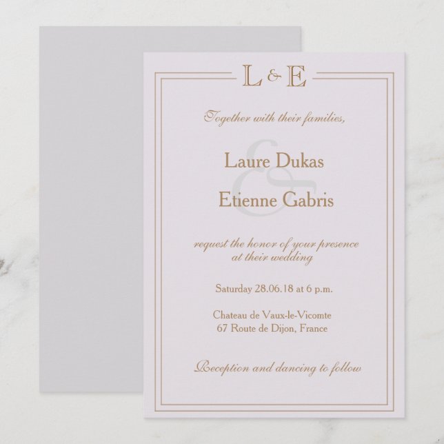 Monogram gold lilac grey ampersand modern wedding invitation (Front/Back)