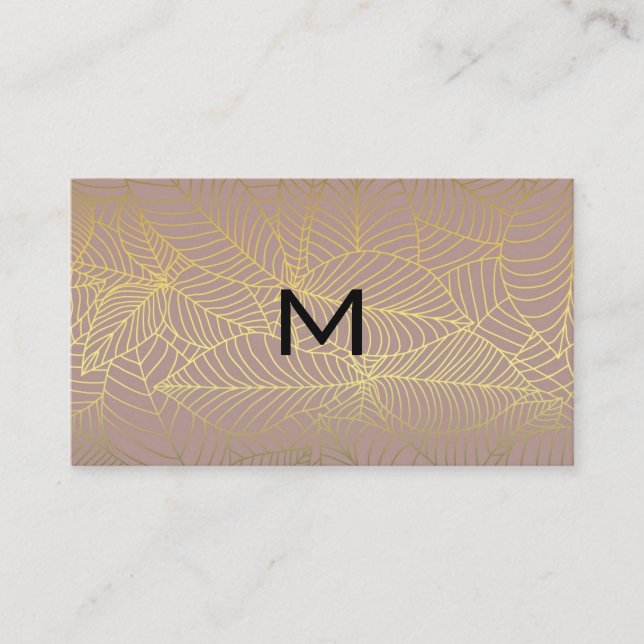 Monogram | Gold Lines Leaves Pattern Business Card (Front)