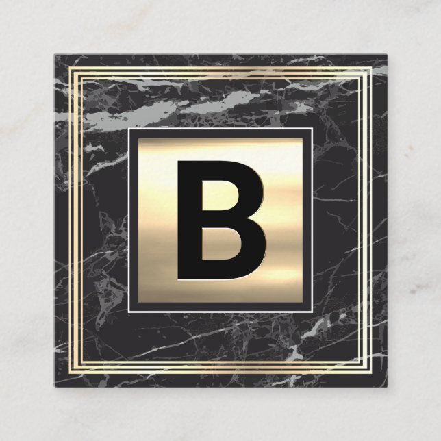 Monogram | Gold Metal | Gold Frame Black Marble Square Business Card (Front)
