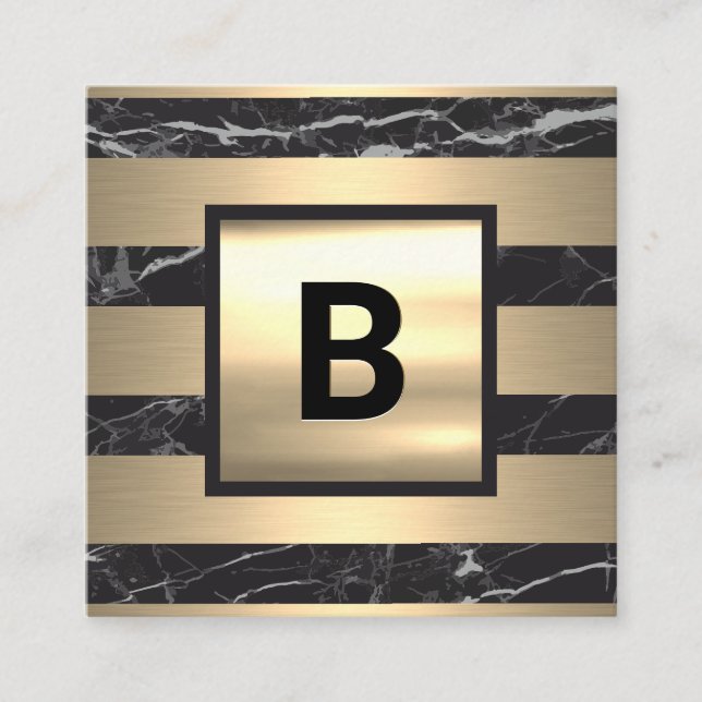 Monogram | Gold Metal Stripes | Black Marble Square Business Card (Front)
