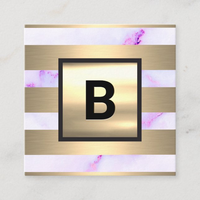 Monogram | Gold Metal Stripes | Purple Marble Square Business Card (Front)