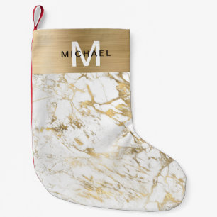 Monogram Gold Metallic White Marble Small Christmas Stocking