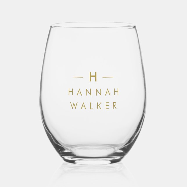 Monogram Gold | Minimalist Elegant Modern Stemless Wine Glass (Front)