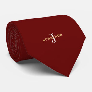 Monogram Gold Name White Initial Burgundy Tie