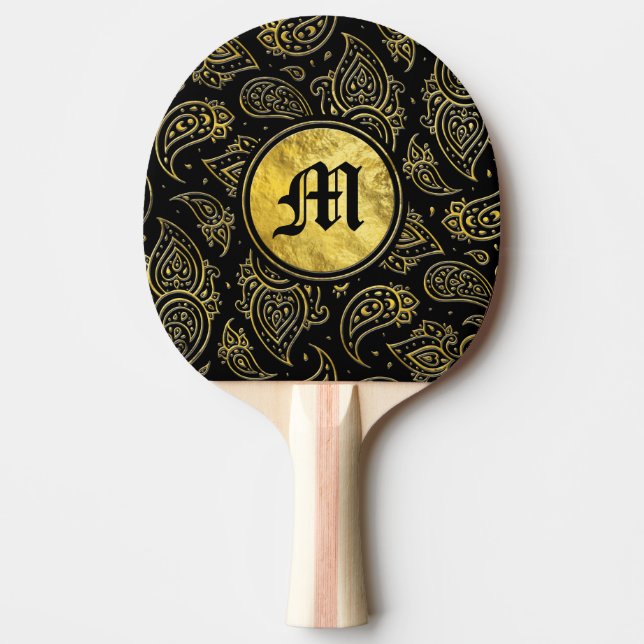 Monogram Gold Paisley Pattern on black Ping Pong Paddle (Front)