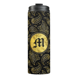 Monogram Gold Paisley Pattern on black Thermal Tumbler