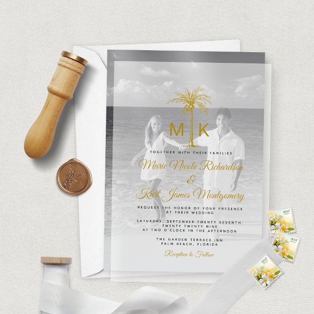 Monogram Gold Palm Tree Formal Beach Wedding Vellum Invitations (Monogram Gold Palm Tree Formal Beach Wedding Vellum Invitation; photo enclosure card sold separately)