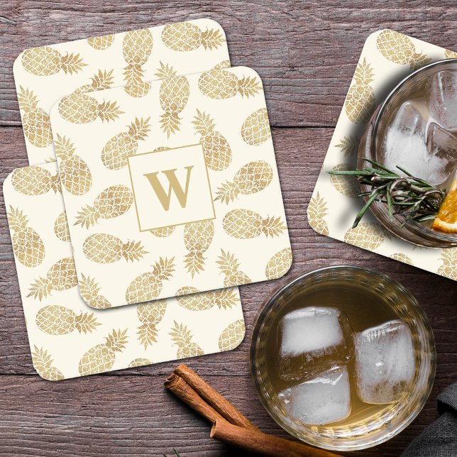 Monogram Gold Pineapples on Ivory Square Paper Coaster (Creator Uploaded)