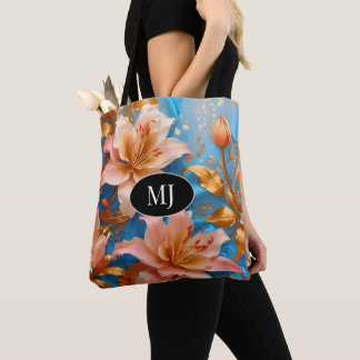 Monogram Gold Pink Lily On Sky Blue Silk Tote Bag