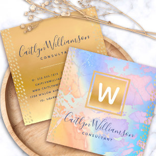 Monogram gold purple blue watercolor marble script square business card