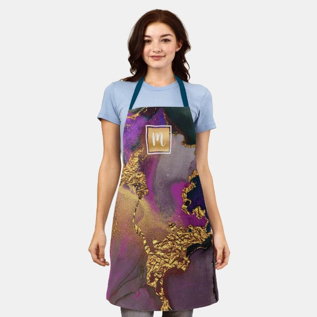 Monogram gold purple green agate watercolor bold apron (Worn)
