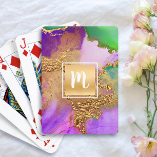 Monogram gold purple green agate watercolor bold playing cards