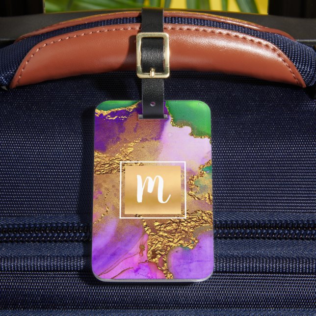Monogram gold purple green aqua agate abstract luggage tag (Front Insitu 2)