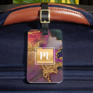 Monogram gold purple green blue marble watercolor luggage tag
