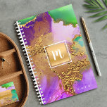 Monogram gold purple green marble watercolor chic planner<br><div class="desc">A sparkly, faux gold foil rectangle with a script typography monogram initial overlays a rich, gold veined, purple, green, aqua, and pink watercolor background on this chic, elegant, trendy, custom name yearly planner. Personalise with your initial. This planner comes in 2 sizes: small (5.5”x8.5”) and medium (8.5”x11”). Makes a fun...</div>