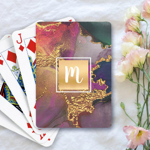 Monogram gold purple navy green watercolor marble playing cards