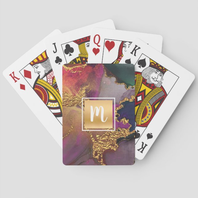 Monogram gold purple navy green watercolor marble playing cards (Back)