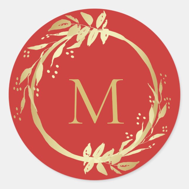 Monogram Gold Red Christmas Wreath Envelope Seal (Front)