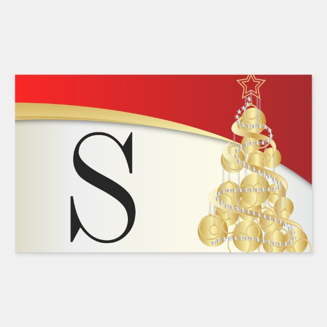 Monogram Gold & Red Merry Christmas Rectangular Sticker (Front)