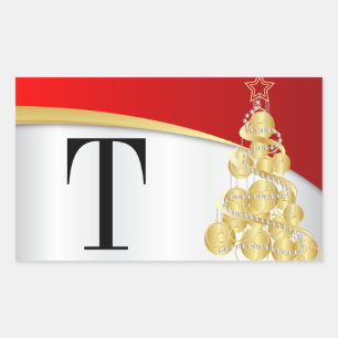 Monogram Gold & Red Merry Christmas Rectangular Sticker