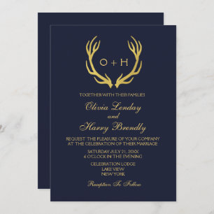Monogram Gold Rustic Antlers Wedding Invitation