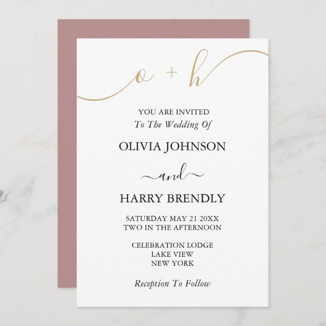 Monogram Gold Script Dusty Rose Wedding Invitation (Front/Back)