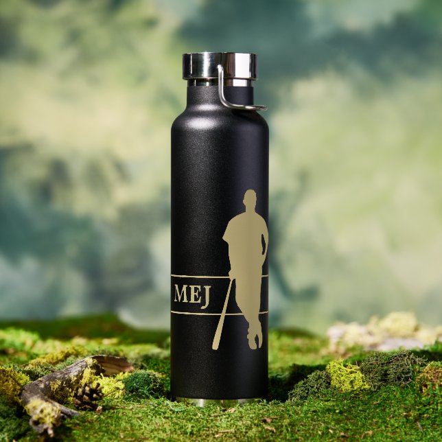 Monogram Gold Silhouette Baseball Player Water Bottle (Outdoor)