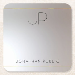 Monogram Gold Silver Template Modern Elegant Square Paper Coaster